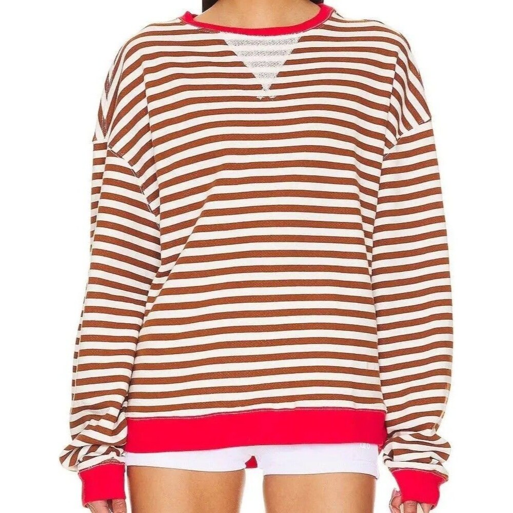 We The Free PeopleClassic Striped Sweatshirt Small Oversized Coffee Combo Red